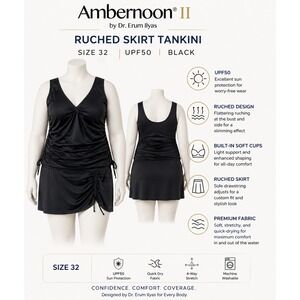 Ambernoon II Dr Erum Ilyas Womens Black UPF50 Ruched Skirt Tankini Set A473660
